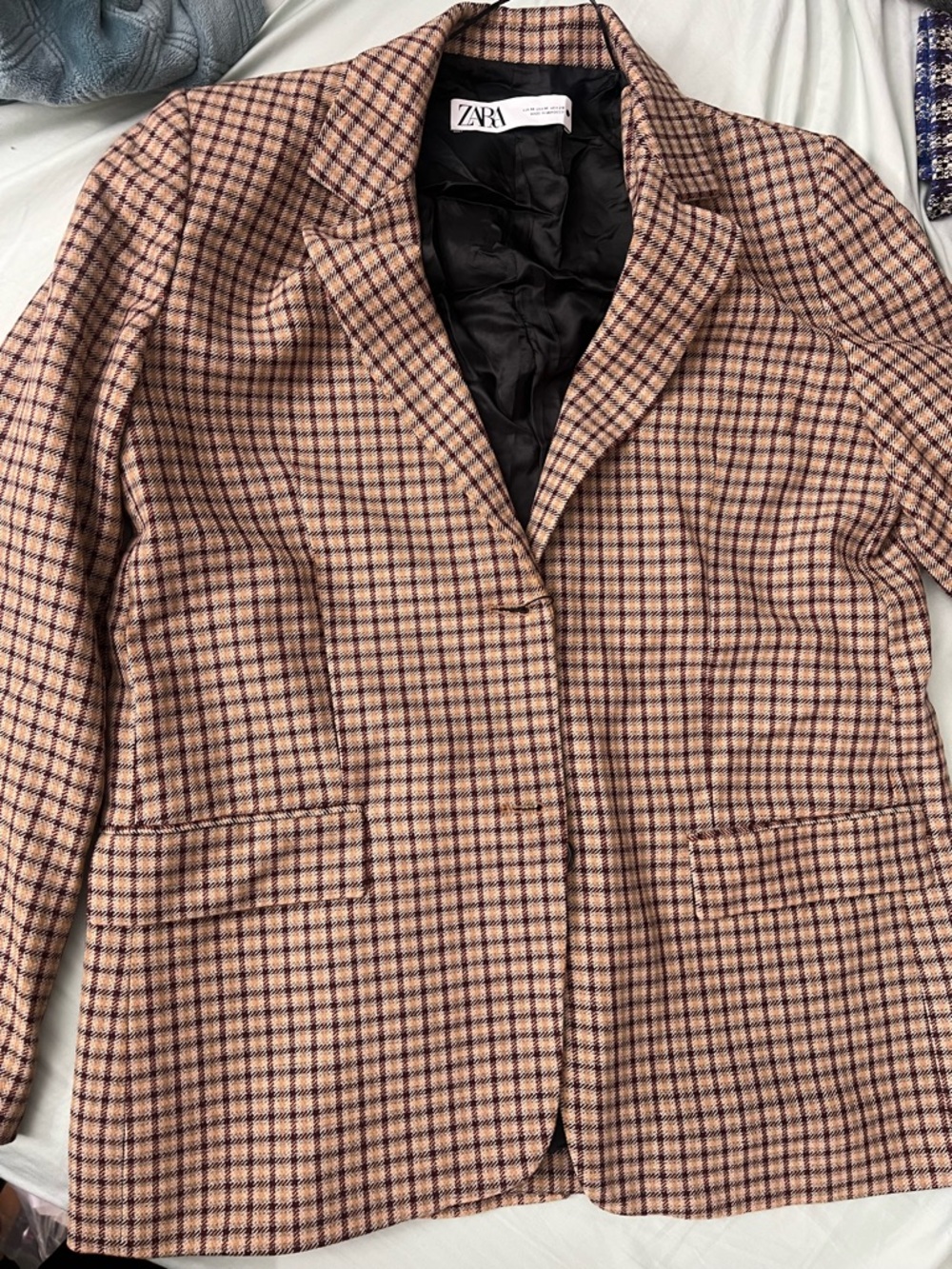 Zara Peach and Navy Plaid Tailored Blazer